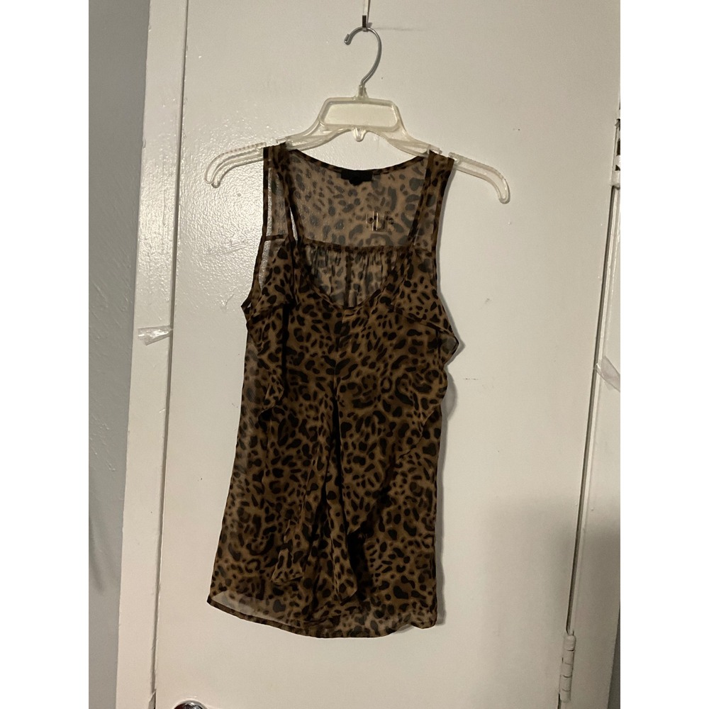 Mine Womens Brown Leopard Print Ruffle Front Sleeveless Chiffon Blouse Size S